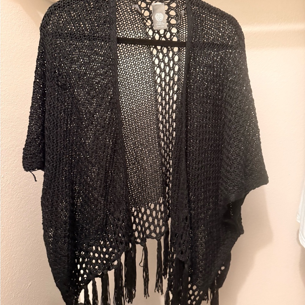 Vince Camuto Black Open-Knit Fringe Cardigan